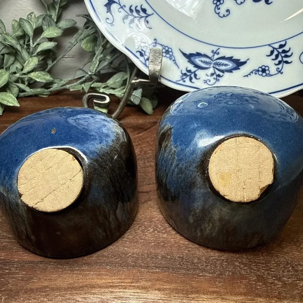 Spanish Studio Pottery SAL PEBRE Salt Pepper Shakers Blue Drip Glaze Vintage
